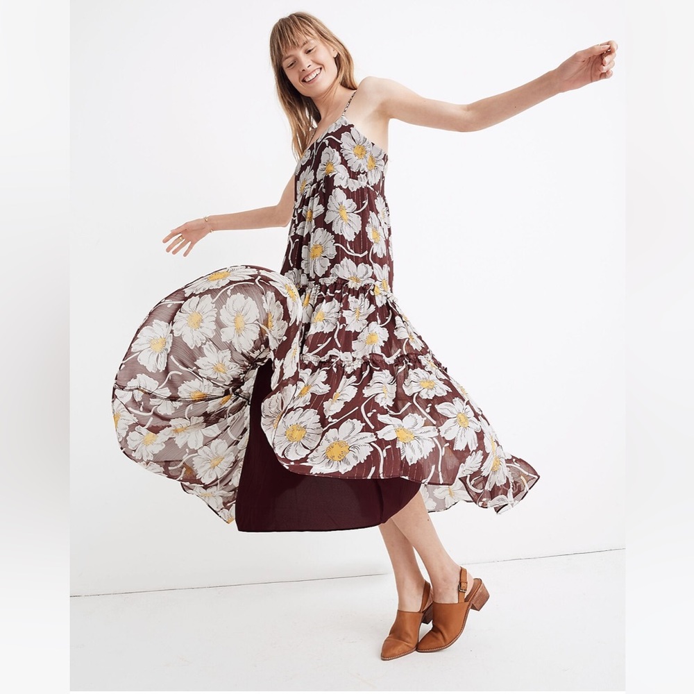 Madewell Braided-Strap Tier Midi Dress in Metallic Big Time Blooms Size 2